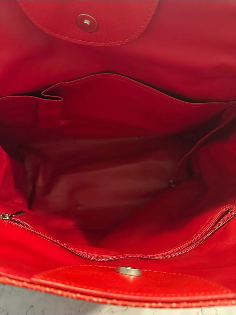 Longchamp Red Leather Tote with Textured Center Panel - Picture 7 of 13